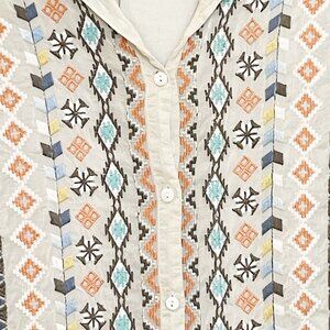 Johnny Was Ivory Embroidered Aztec Button-down Top XS Like New